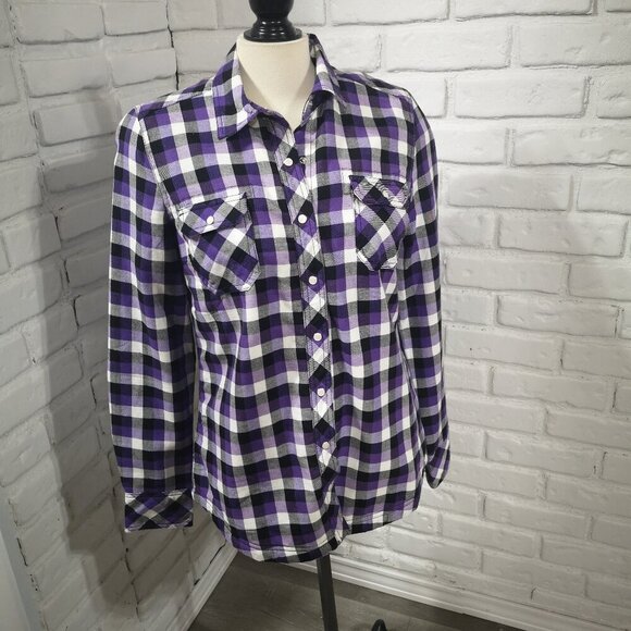 BC Clothing Ladies Size Small Purple White Black Plaid Faux Fur Lined Shirt - Picture 1 of 12